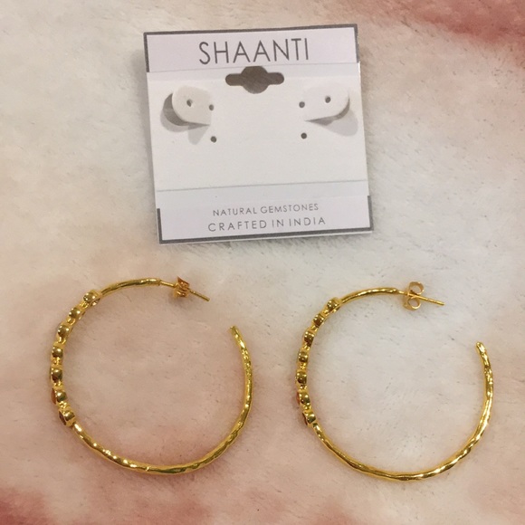 Shaanti Natural Gemstone Encrusted Hoop Earrings Gold Toned Alloy NWT 1.75” hoop - Picture 4 of 11